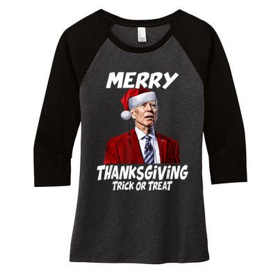 Funny Joe Biden Merry Thanksgiving Trick Or Treat Women's Tri-Blend 3/4-Sleeve Raglan Shirt