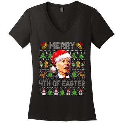 Funny Joe Biden Merry 4th Of Easter Ugly Christmas Sweater Women's V-Neck T-Shirt