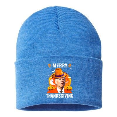 Funny Joe Biden Confused Merry Thanksgiving For Halloween Sustainable Knit Beanie