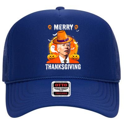 Funny Joe Biden Confused Merry Thanksgiving For Halloween High Crown Mesh Back Trucker Hat