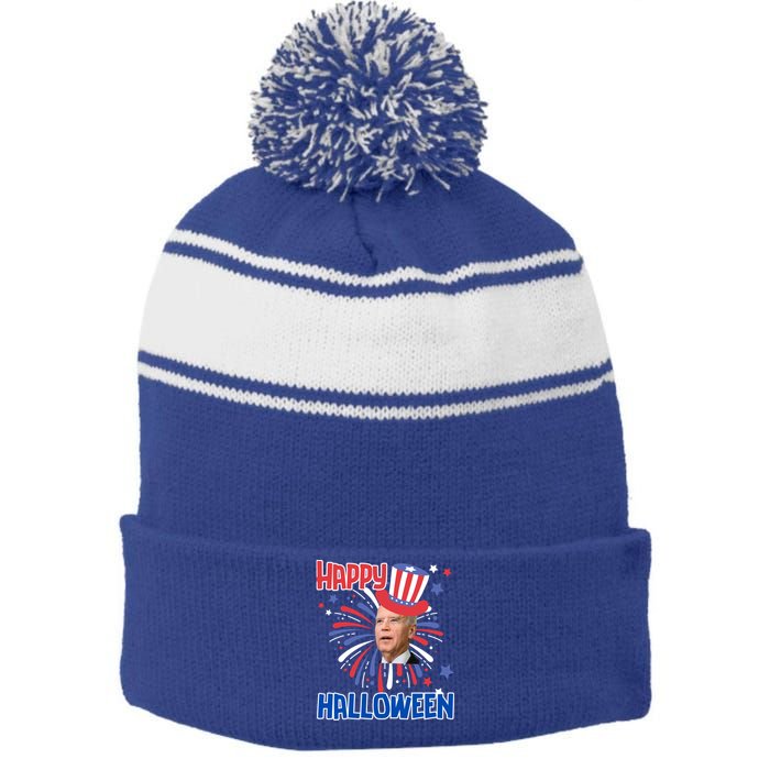 Funny Joe Biden 4th July Confused Happy Halloween Biden Great Gift Stripe Pom Pom Beanie