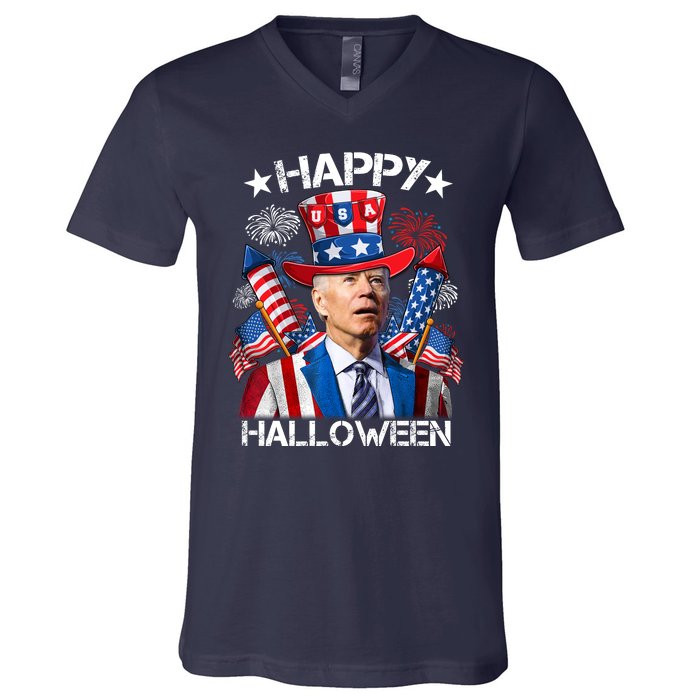 Funny Joe Biden 4th Of July Happy Halloween Firework V-Neck T-Shirt