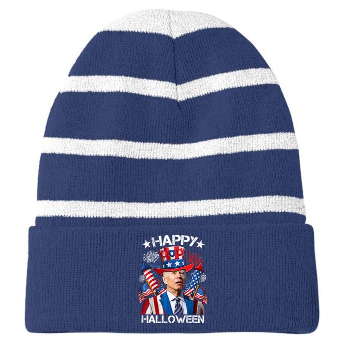 Funny Joe Biden 4th Of July Happy Halloween Firework Striped Beanie with Solid Band