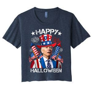 Funny Joe Biden 4th Of July Happy Halloween Firework Women's Crop Top Tee