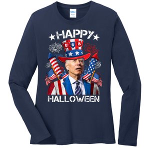 Funny Joe Biden 4th Of July Happy Halloween Firework Ladies Long Sleeve Shirt