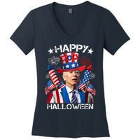 Funny Joe Biden 4th Of July Happy Halloween Firework Women's V-Neck T-Shirt