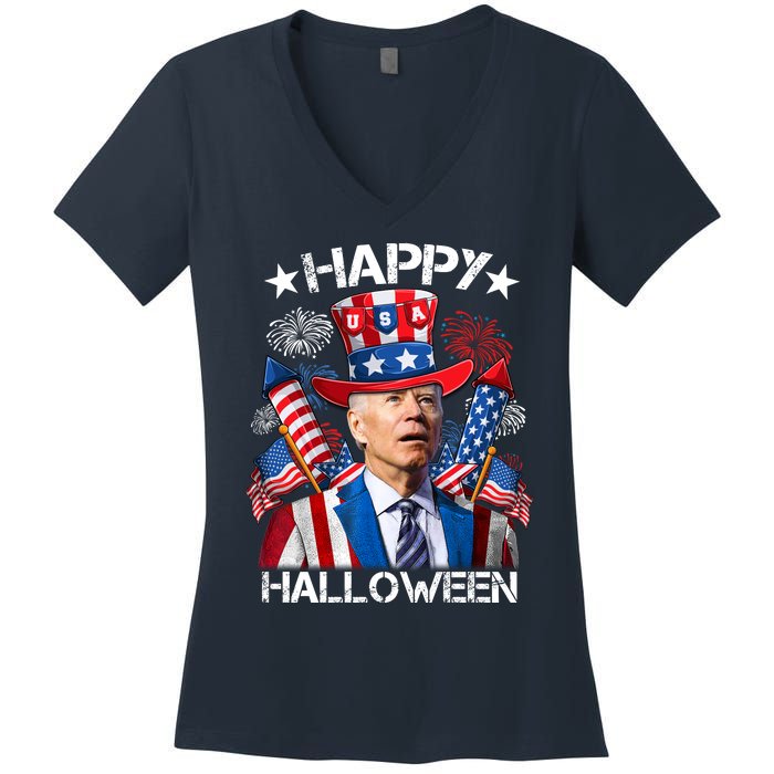 Funny Joe Biden 4th Of July Happy Halloween Firework Women's V-Neck T-Shirt