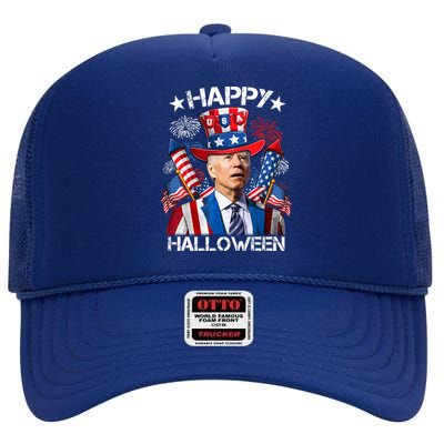 Funny Joe Biden 4th Of July Happy Halloween Firework High Crown Mesh Back Trucker Hat