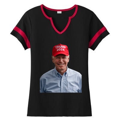 Funny Joe Biden Wearing A Trump Hat Political Sarcasm 2024 Ladies Halftime Notch Neck Tee