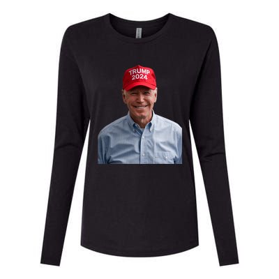 Funny Joe Biden Wearing A Trump Hat Political Sarcasm 2024 Womens Cotton Relaxed Long Sleeve T-Shirt