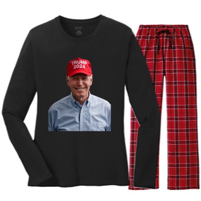 Funny Joe Biden Wearing A Trump Hat Political Sarcasm 2024 Women's Long Sleeve Flannel Pajama Set 