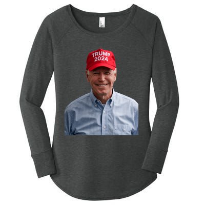 Funny Joe Biden Wearing A Trump Hat Political Sarcasm 2024 Women's Perfect Tri Tunic Long Sleeve Shirt