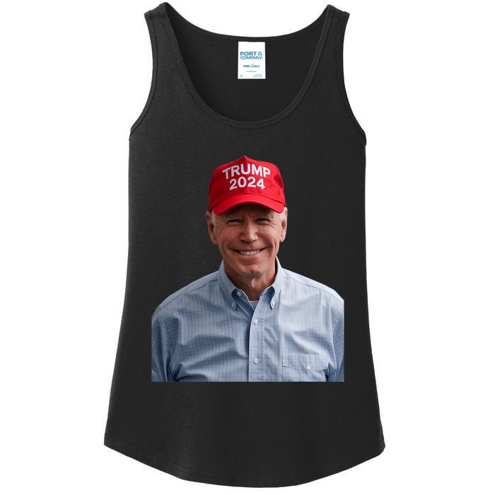 Funny Joe Biden Wearing A Trump Hat Political Sarcasm 2024 Ladies Essential Tank