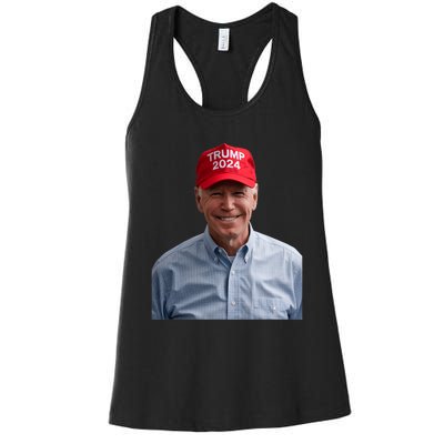 Funny Joe Biden Wearing A Trump Hat Political Sarcasm 2024 Women's Racerback Tank