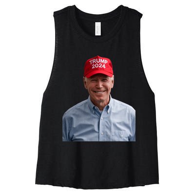 Funny Joe Biden Wearing A Trump Hat Political Sarcasm 2024 Women's Racerback Cropped Tank