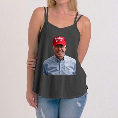 Funny Joe Biden Wearing A Trump Hat Political Sarcasm 2024 Women's Strappy Tank