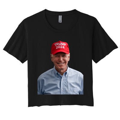 Funny Joe Biden Wearing A Trump Hat Political Sarcasm 2024 Women's Crop Top Tee