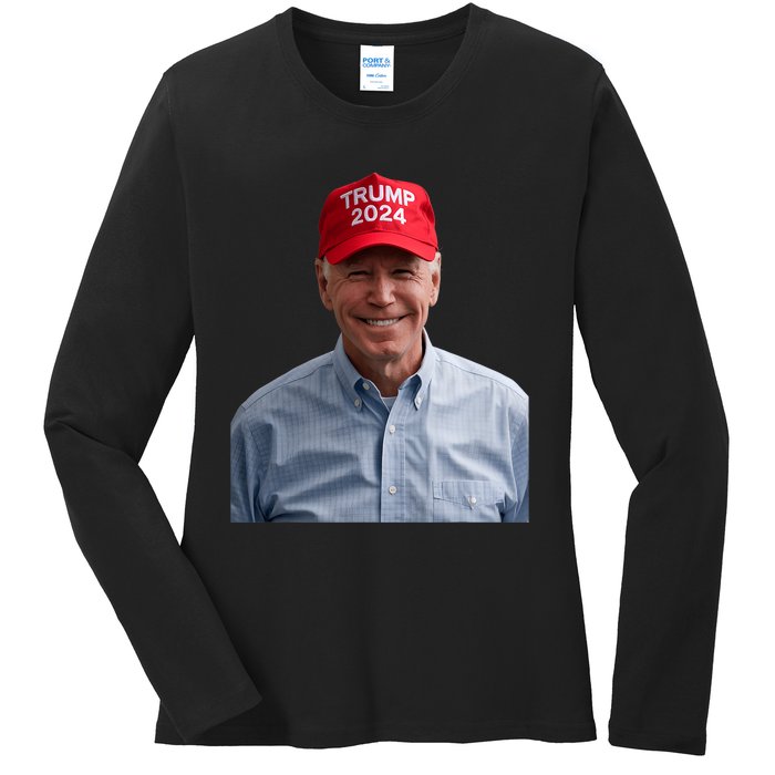 Funny Joe Biden Wearing A Trump Hat Political Sarcasm 2024 Ladies Long Sleeve Shirt