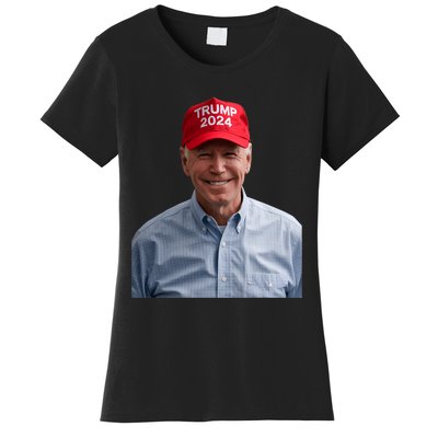 Funny Joe Biden Wearing A Trump Hat Political Sarcasm 2024 Women's T-Shirt