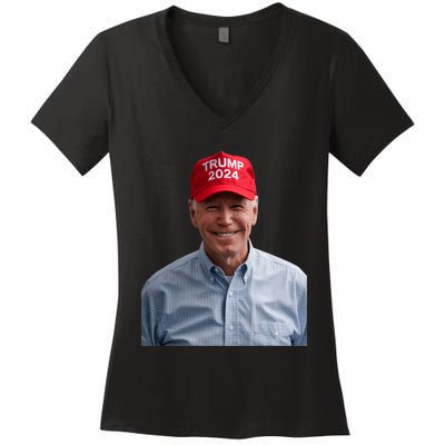 Funny Joe Biden Wearing A Trump Hat Political Sarcasm 2024 Women's V-Neck T-Shirt