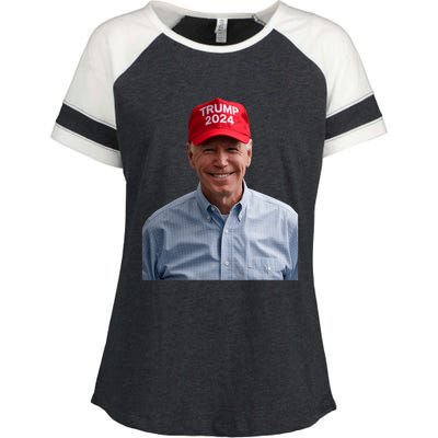 Funny Joe Biden Wearing A Trump Hat Political Sarcasm 2024 Enza Ladies Jersey Colorblock Tee