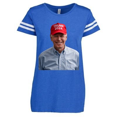 Funny Joe Biden Wearing A Trump Hat Political Sarcasm 2024 Enza Ladies Jersey Football T-Shirt