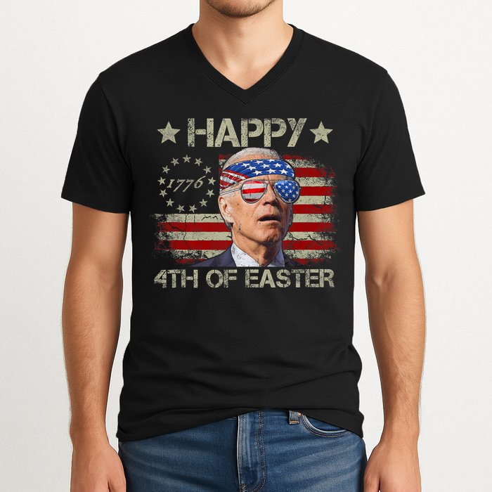 Funny Joe Biden 4th Of July Happy 4th Of Easter Us Flag V-Neck T-Shirt