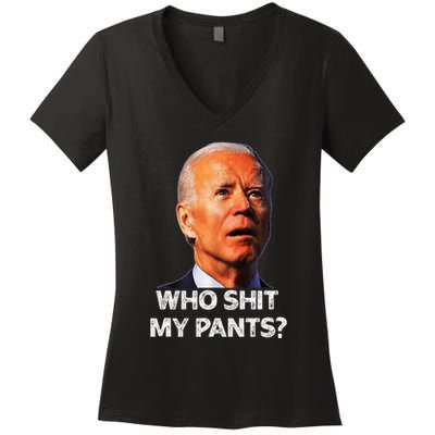 Funny Joe Biden Idiot Republican Who Shi.T My Pants Politics Women's V-Neck T-Shirt