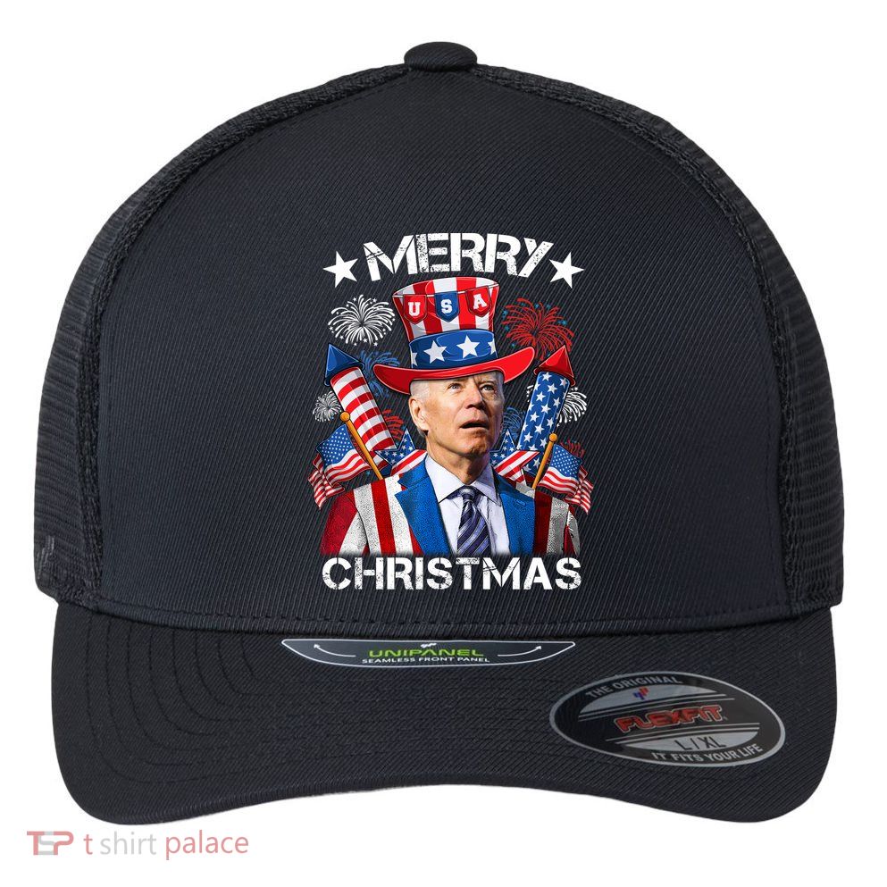 Funny Joe Biden 4th Of July Merry Christmas Firework USA Flexfit Unipanel Trucker Cap