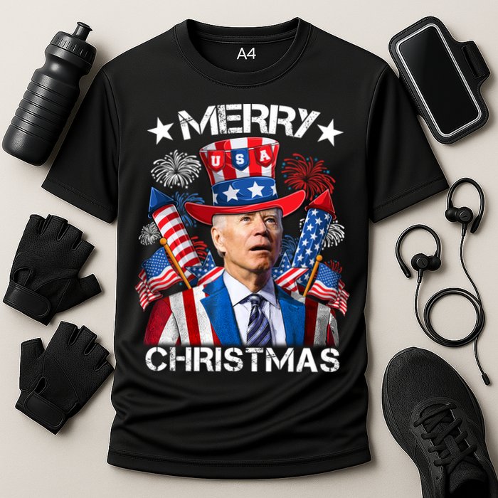 Funny Joe Biden 4th Of July Merry Christmas Firework USA Cooling Performance Crew T-Shirt