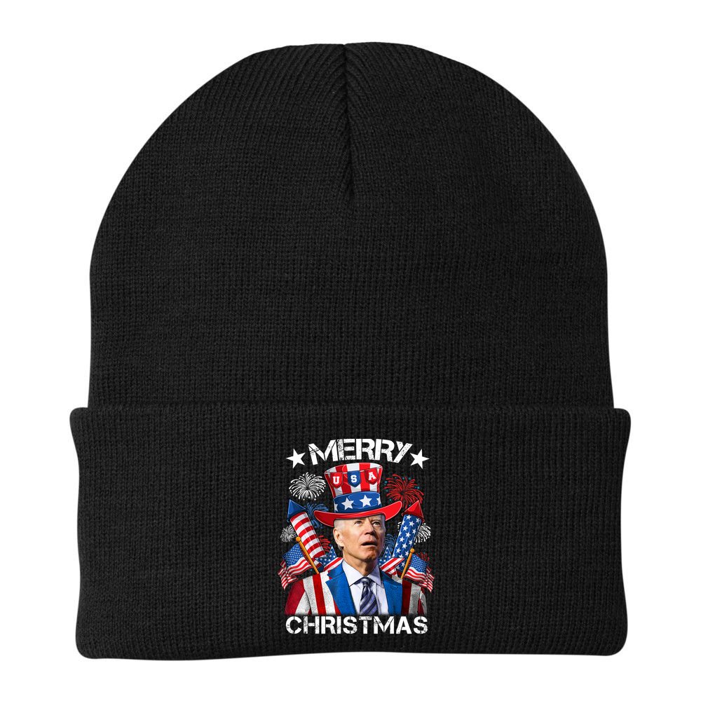 Funny Joe Biden 4th Of July Merry Christmas Firework USA Beanie