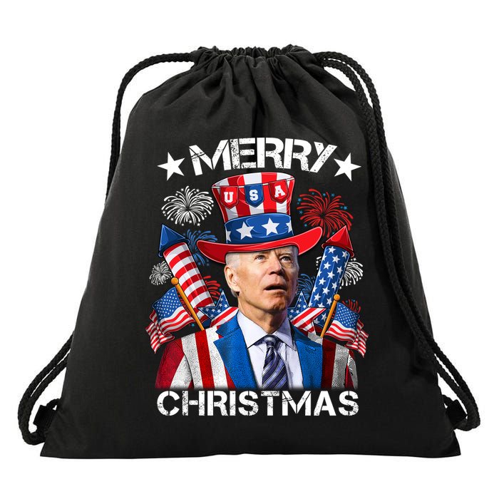 Funny Joe Biden 4th Of July Merry Christmas Firework USA Drawstring Bag
