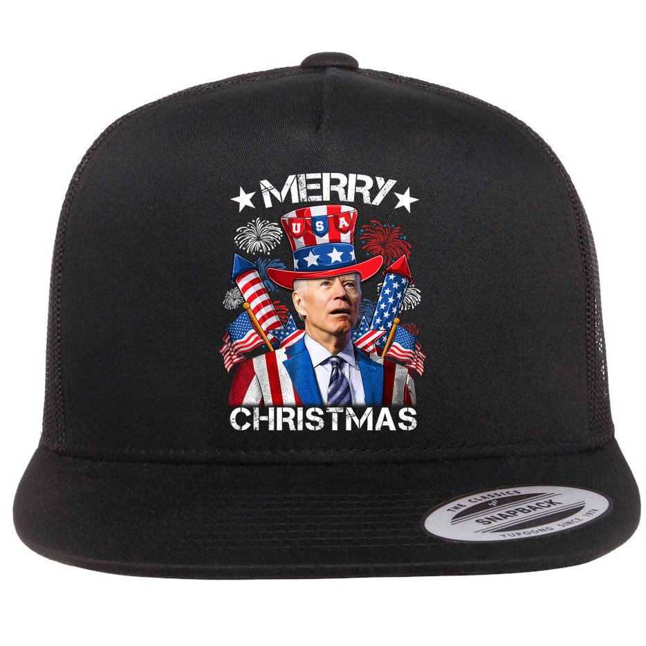 Funny Joe Biden 4th Of July Merry Christmas Firework USA Flat Bill Trucker Hat