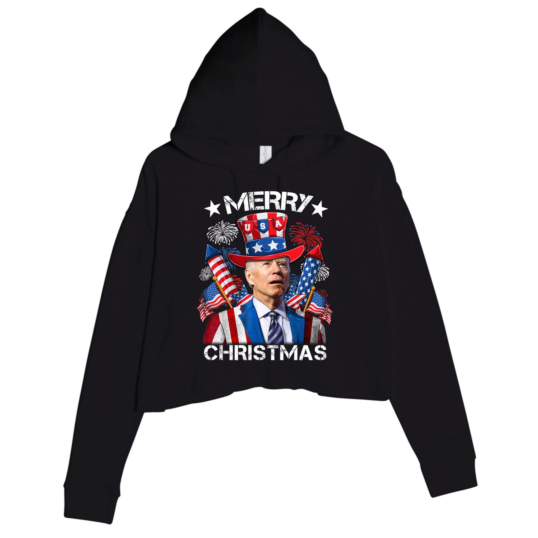 Funny Joe Biden 4th Of July Merry Christmas Firework USA Crop Fleece Hoodie