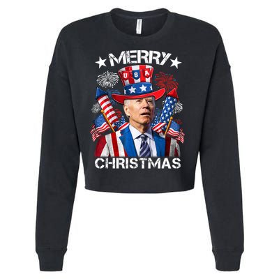 Funny Joe Biden 4th Of July Merry Christmas Firework USA Cropped Pullover Crew