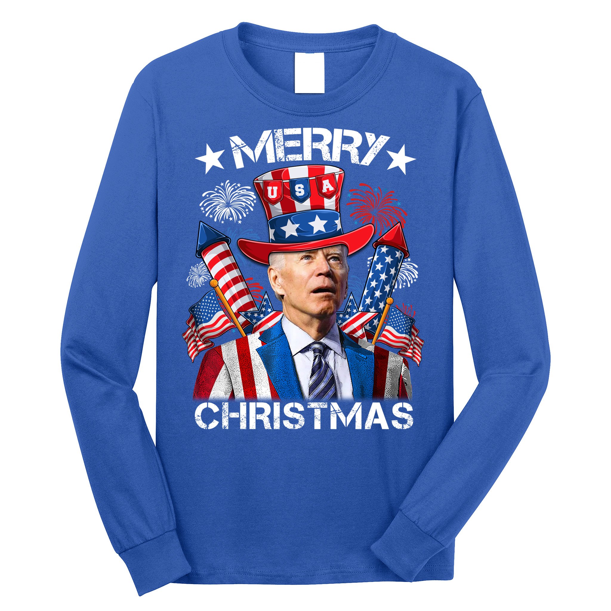 Funny Joe Biden 4th Of July Merry Christmas Firework USA Long Sleeve Shirt