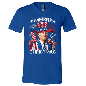 Funny Joe Biden 4th Of July Merry Christmas Firework USA V-Neck T-Shirt