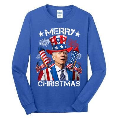 Funny Joe Biden 4th Of July Merry Christmas Firework USA Tall Long Sleeve T-Shirt