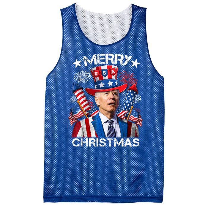 Funny Joe Biden 4th Of July Merry Christmas Firework USA Mesh Reversible Basketball Jersey Tank