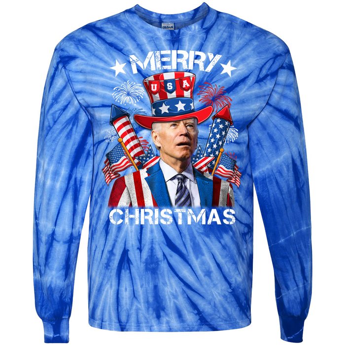 Funny Joe Biden 4th Of July Merry Christmas Firework USA Tie-Dye Long Sleeve Shirt