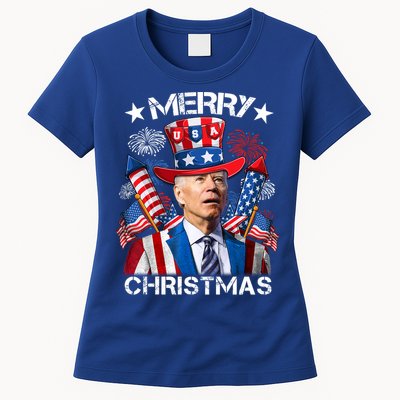 Funny Joe Biden 4th Of July Merry Christmas Firework USA Womens T-Shirt