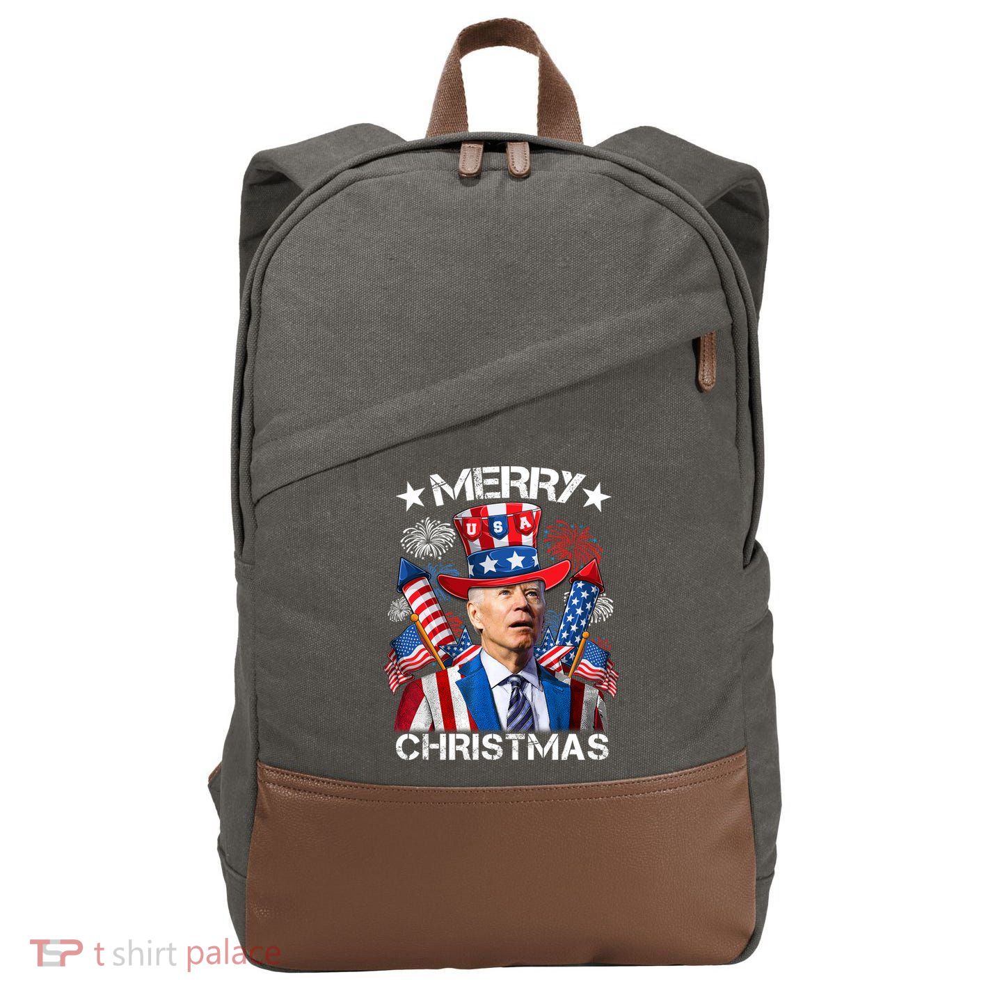 Funny Joe Biden 4th Of July Merry Christmas Firework USA Cotton Canvas Backpack