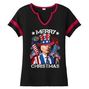 Funny Joe Biden 4th Of July Merry Christmas Firework USA Ladies Halftime Notch Neck Tee