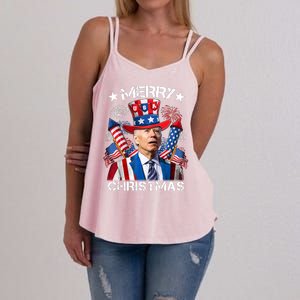 Funny Joe Biden 4th Of July Merry Christmas Firework USA Women's Strappy Tank