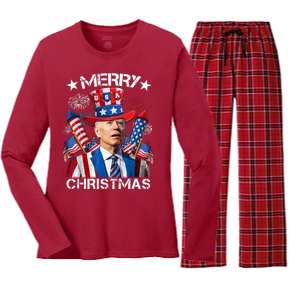 Funny Joe Biden 4th Of July Merry Christmas Firework USA Women's Long Sleeve Flannel Pajama Set 