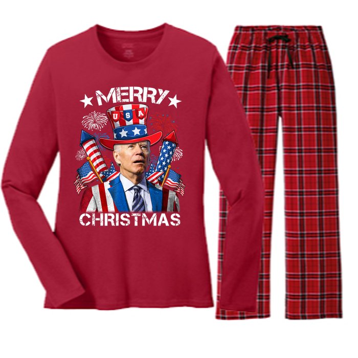 Funny Joe Biden 4th Of July Merry Christmas Firework USA Women's Long Sleeve Flannel Pajama Set 