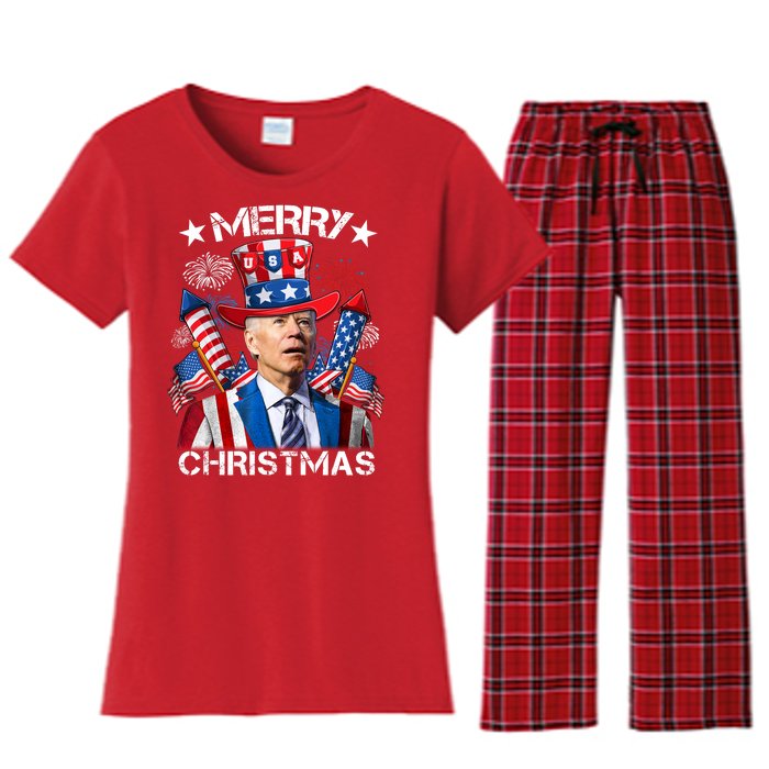 Funny Joe Biden 4th Of July Merry Christmas Firework USA Women's Flannel Pajama Set