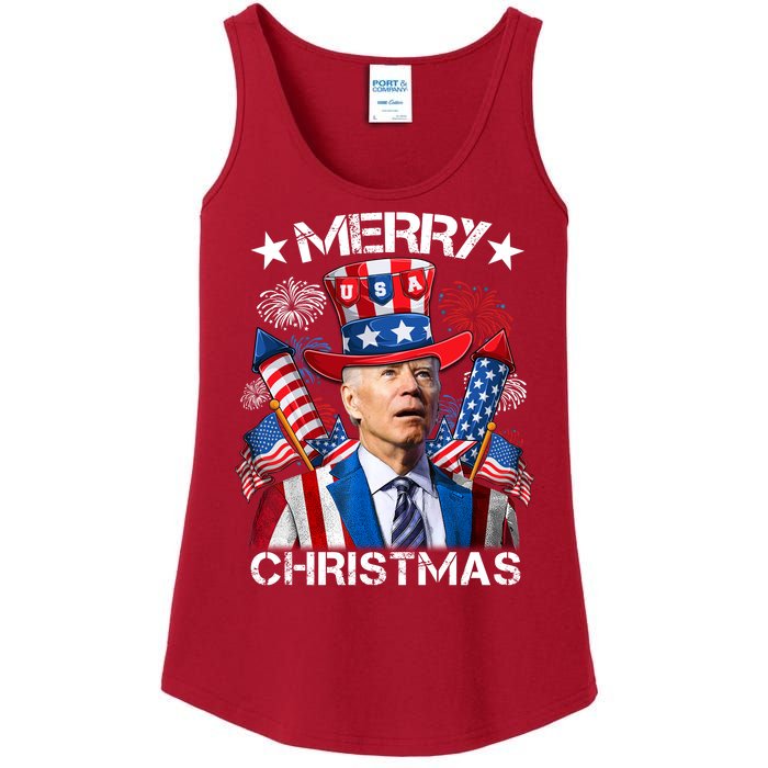 Funny Joe Biden 4th Of July Merry Christmas Firework USA Ladies Essential Tank