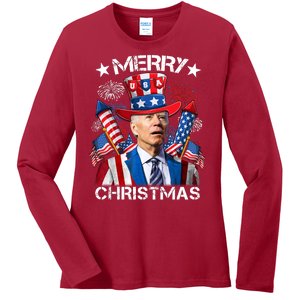 Funny Joe Biden 4th Of July Merry Christmas Firework USA Ladies Long Sleeve Shirt