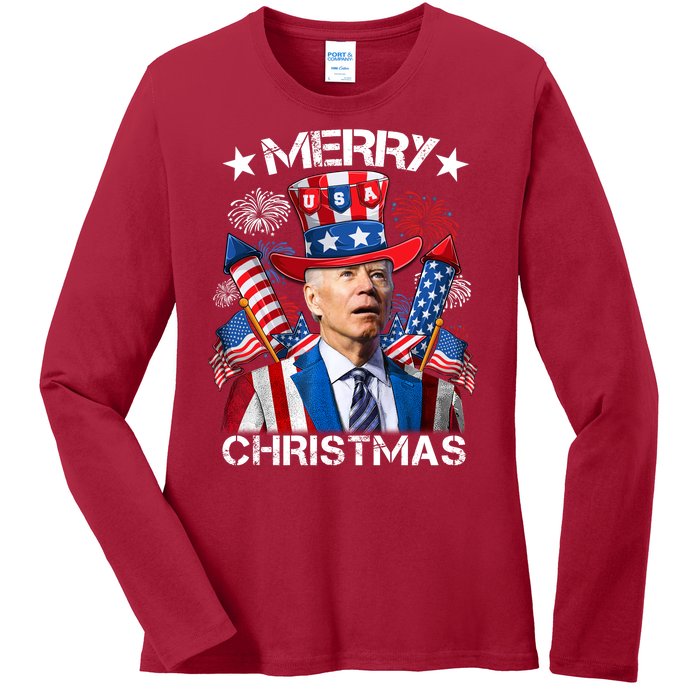 Funny Joe Biden 4th Of July Merry Christmas Firework USA Ladies Long Sleeve Shirt